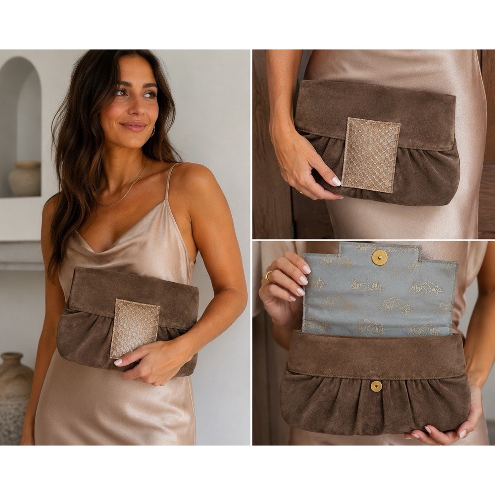 Vintage Ruth Saltz Brown Suede Snakeskin Clutch Purse Boho‎ Y2K Evening Bag#23